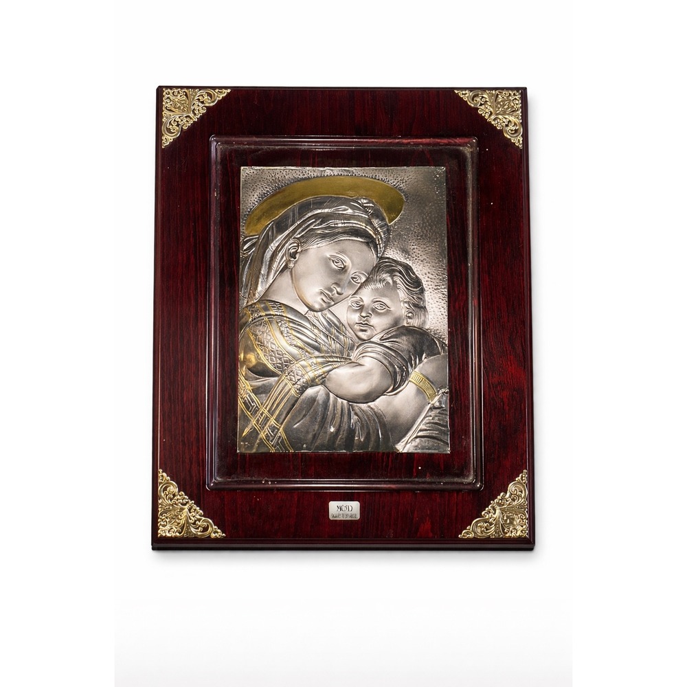 Madonna Child Plaque 16x13 Silver Plated Icon Catholic Wall Art Italy Wood Frame
